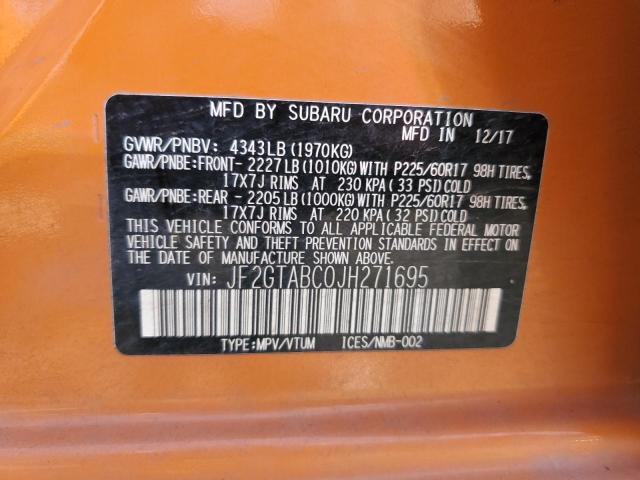 JF2GTABC0JH271695 - 2018 SUBARU CROSSTREK ORANGE photo 10