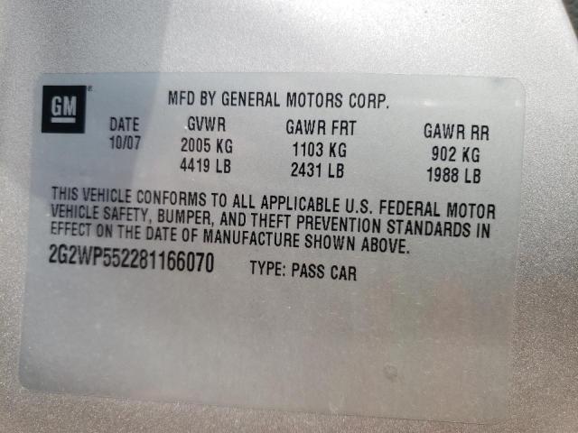 2G2WP552281166070 - 2008 PONTIAC GRAND PRIX SILVER photo 10