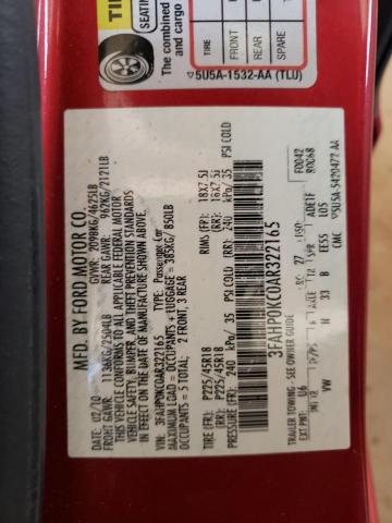 3FAHP0KC0AR322165 - 2010 FORD FUSION SPO RED photo 10