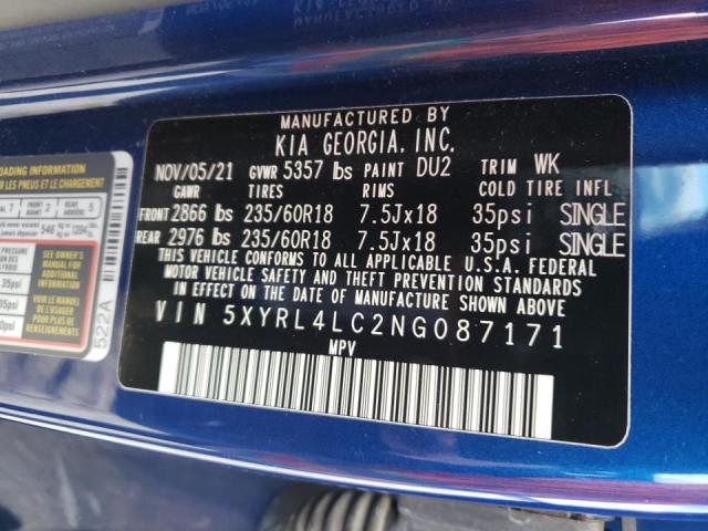 5XYRL4LC2NG087171 - 2022 KIA SORENTO S BLUE photo 10