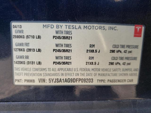 5YJSA1AG9DFP09203 - 2013 TESLA MODEL S Կապույտ լուսանկար 10