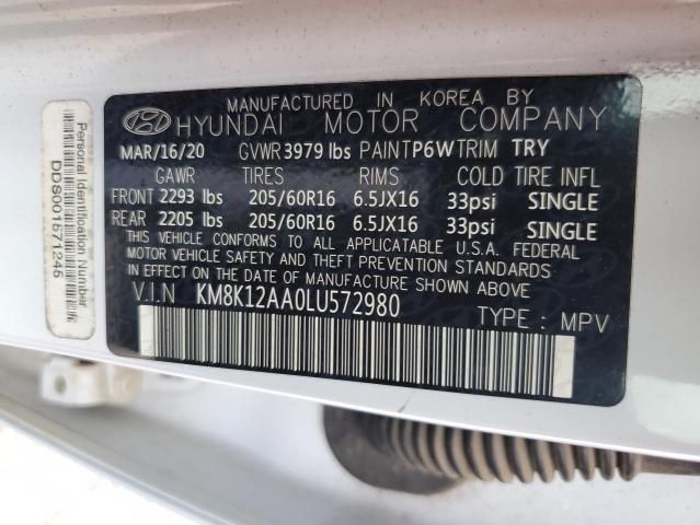 KM8K12AA0LU572980 - 2020 HYUNDAI KONA SE WHITE photo 10