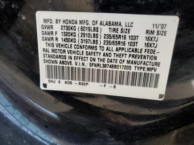 5FNRL38748B017205 - 2008 HONDA ODYSSEY VA BLACK photo 10