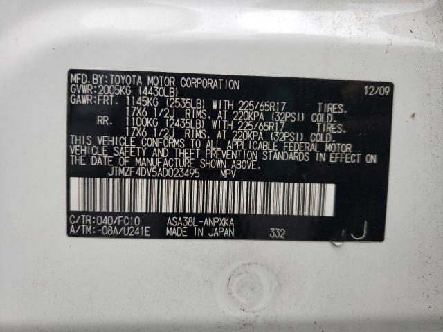 JTMZF4DV5AD023495 - 2010 TOYOTA RAV4 WHITE photo 10