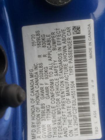 2HGFC2F83LH551504 - 2020 HONDA CIVIC SPOR BLUE photo 10