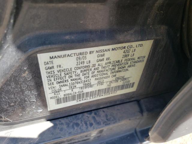 1N4AL11D76N316452 - 2006 NISSAN ALTIMA GRAY photo 10