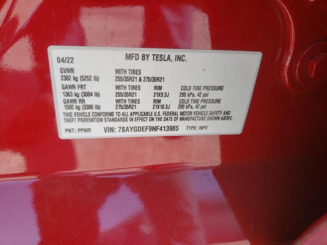 7SAYGDEF9NF413985 - 2022 TESLA MODEL Y RED photo 10