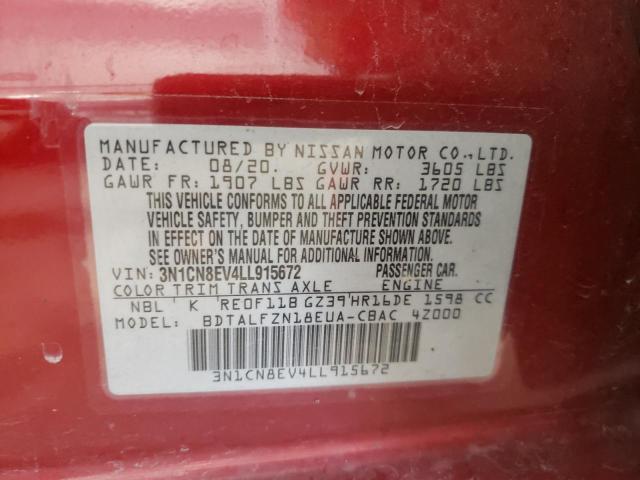 3N1CN8EV4LL915672 - 2020 NISSAN VERSA SV RED photo 10