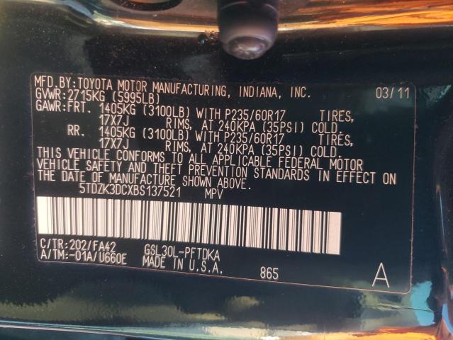 5TDZK3DCXBS137521 - 2011 TOYOTA SIENNA BLACK photo 10