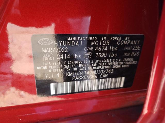 KMTG34TA2NU102743 - 2022 GENESIS G70 BASE RED photo 10