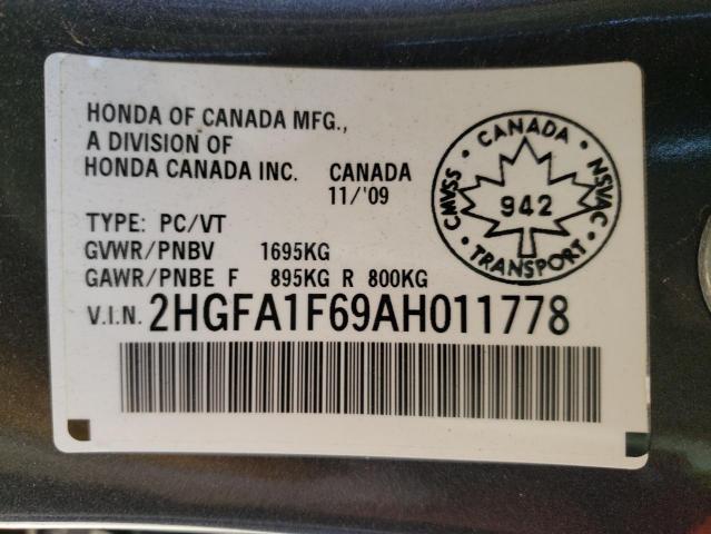 2HGFA1F69AH011778 - 2010 HONDA CIVIC LX-S ნაცრისფერი ფოტო 10