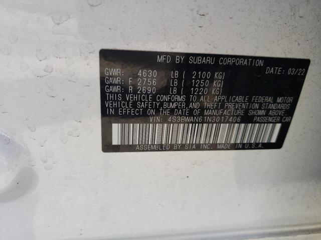 4S3BWAN61N3017406 - 2022 SUBARU LEGACY LIM WHITE photo 10