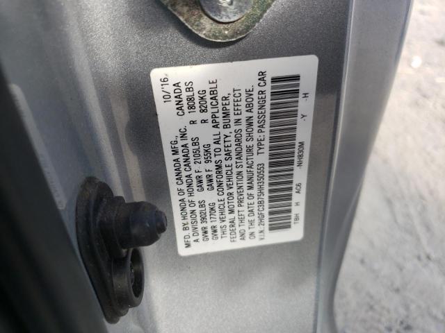 2HGFC3B75HH350553 - 2017 HONDA CIVIC EXL ვერცხლისფერი ფოტო 10