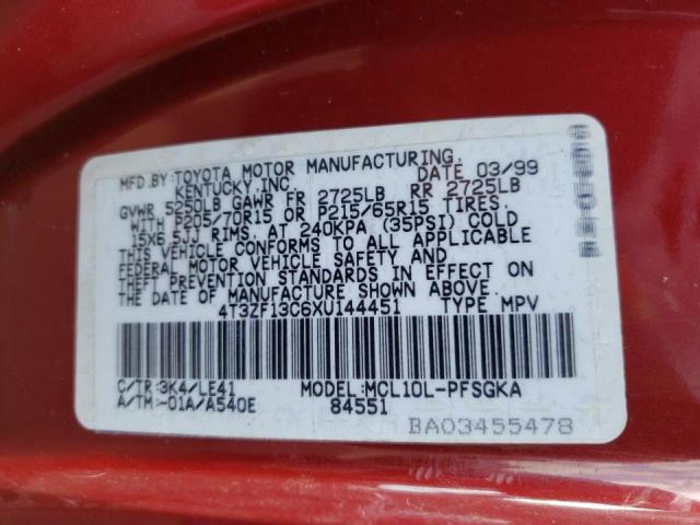 4T3ZF13C6XU144451 - 1999 TOYOTA SIENNA LE RED photo 10