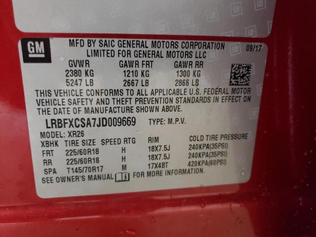 LRBFXCSA7JD009669 - 2018 BUICK ENVISION P RED photo 10