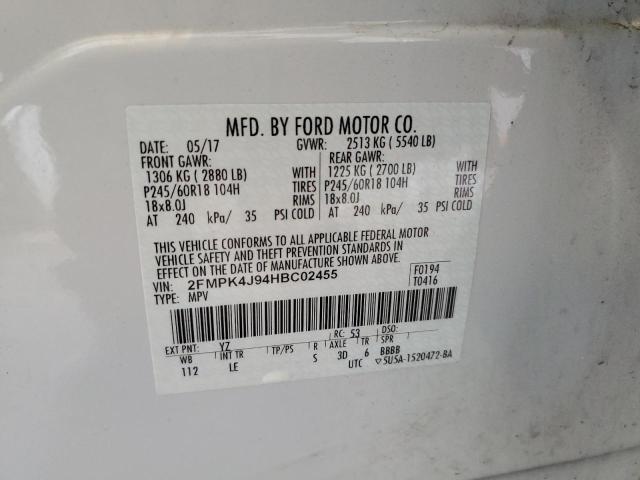 2FMPK4J94HBC02455 - 2017 FORD EDGE SEL  photo 10