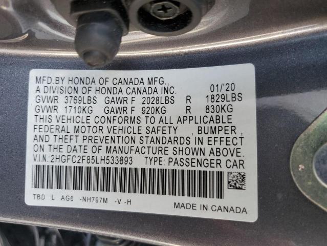 2HGFC2F85LH533893 - 2020 HONDA CIVIC SPOR 灰色 照片 10