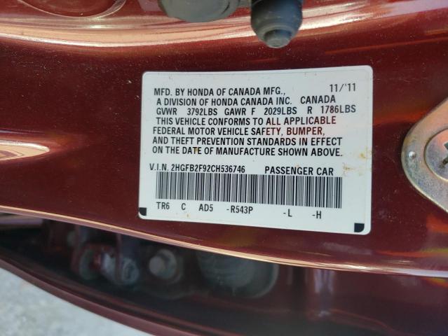 2HGFB2F92CH536746 - 2012 HONDA CIVIC EXL Bordo foto 10