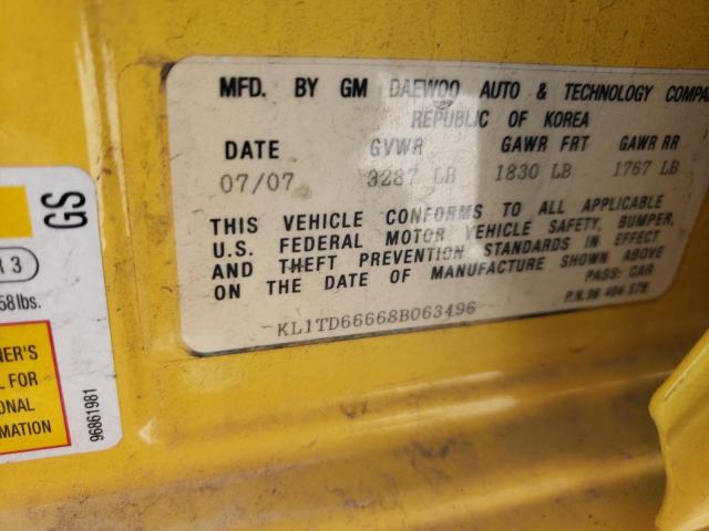KL1TD66668B063496 - 2008 CHEVROLET AVEO BASE YELLOW photo 10