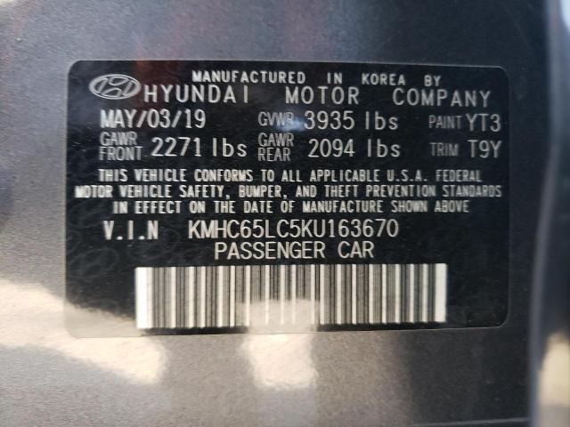 KMHC65LC5KU163670 - 2019 HYUNDAI IONIQ BLUE GRAY photo 10