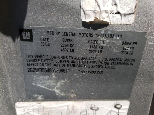 2G2WR554861296511 - 2006 PONTIAC GRAND PRIX SILVER photo 10