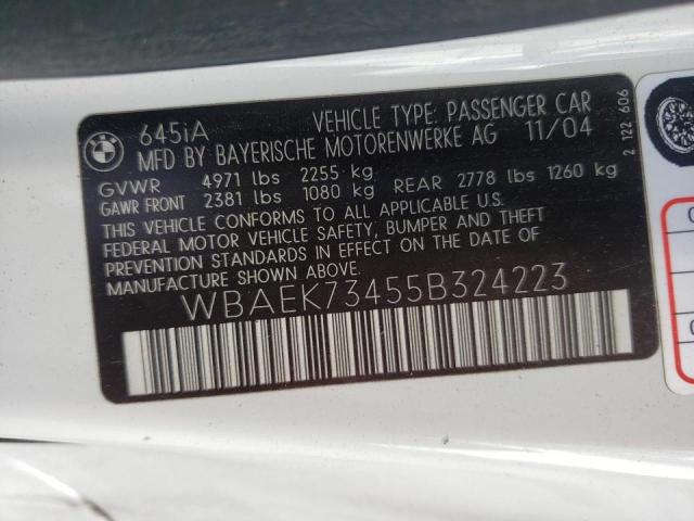 WBAEK73455B324223 - 2005 BMW 645 CI AUT WHITE photo 10