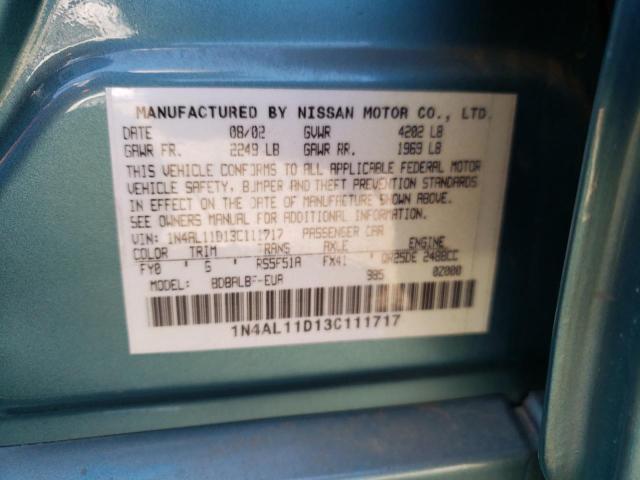 1N4AL11D13C111717 - 2003 NISSAN ALTIMA BAS TURQUOISE photo 10