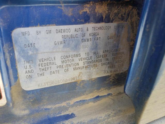 KL1TD62605B496166 - 2005 CHEVROLET AVEO BASE BLUE photo 10