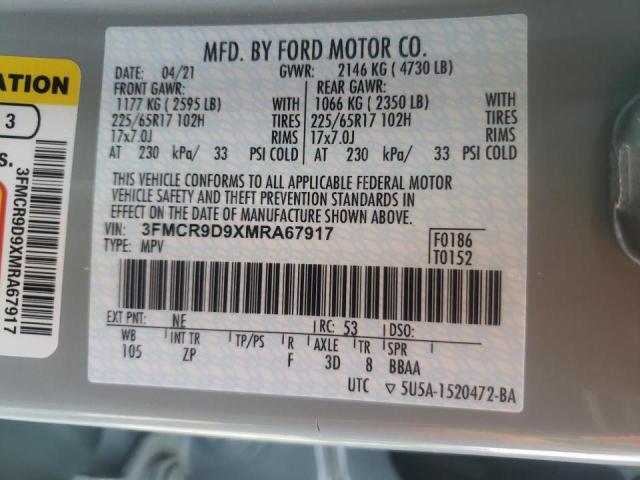 3FMCR9D9XMRA67917 - 2021 FORD BRONCO SPO GRAY photo 10