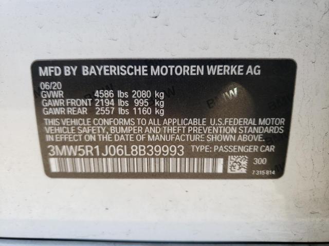 3MW5R1J06L8B39993 - 2020 BMW 330I WHITE photo 10