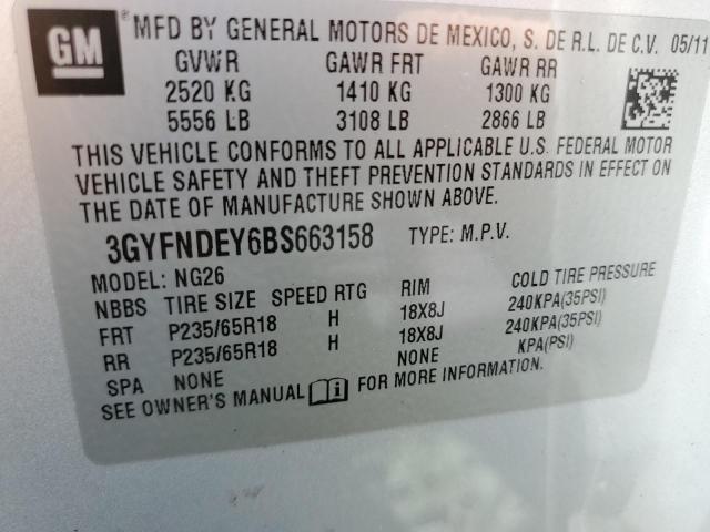 3GYFNDEY6BS663158 - 2011 CADILLAC SRX PERFOR 银色 照片 10