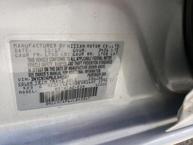 3N1CN7AP6JL840567 - 2018 NISSAN VERSA S SILVER photo 10