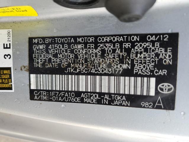 JTKJF5C74C3043177 - 2012 TOYOTA SCION TC ვერცხლისფერი ფოტო 10