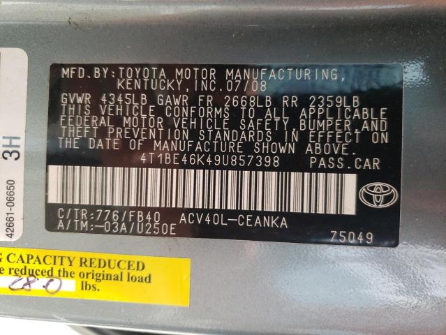 4T1BE46K49U857398 - 2009 TOYOTA CAMRY BASE TEAL photo 10