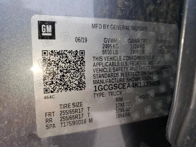 1GCGSCEA4K1335609 - 2019 CHEVROLET COLORADO L GRAY photo 10