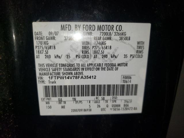 1FTPW14V78FA35412 - 2008 FORD F150 SUPER BLACK photo 10