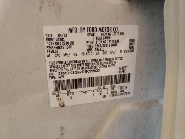 2FMDK3G92DBC22623 - 2013 FORD EDGE SE WHITE photo 10