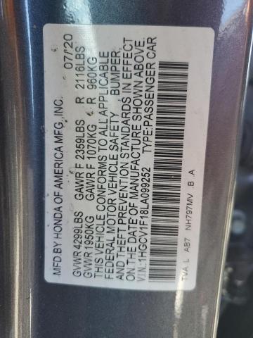 1HGCV1F18LA099252 - 2020 HONDA ACCORD LX GRAY photo 10