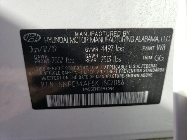 5NPE34AF8KH807086 - 2019 HYUNDAI SONATA LIM WHITE photo 10