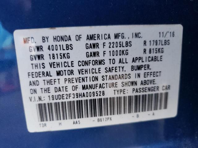 19UDE2F39HA009528 - 2017 ACURA ILX BASE W BLUE photo 10