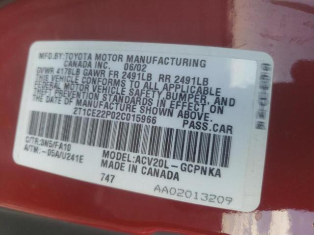 2T1CE22P02C015966 - 2002 TOYOTA CAMRY LE A Qırmızı foto 10