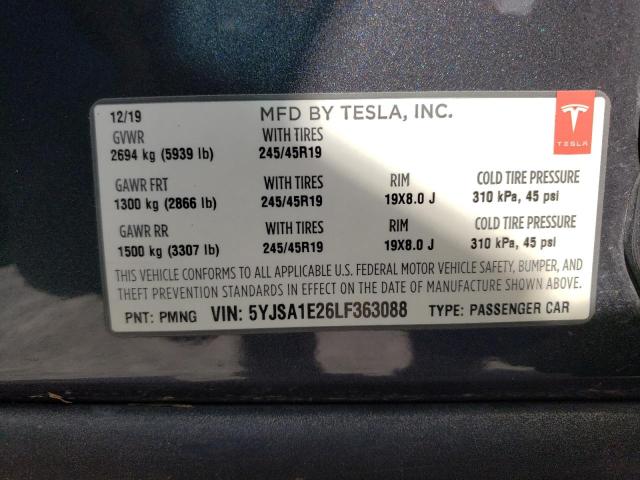 5YJSA1E26LF363088 - 2020 TESLA MODEL S Մոխրագույն լուսանկար 10