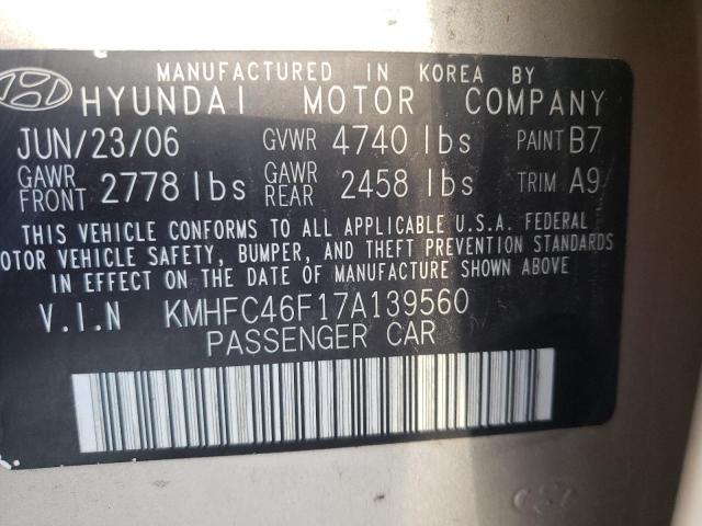 KMHFC46F17A139560 - 2007 HYUNDAI AZERA SE TAN photo 10