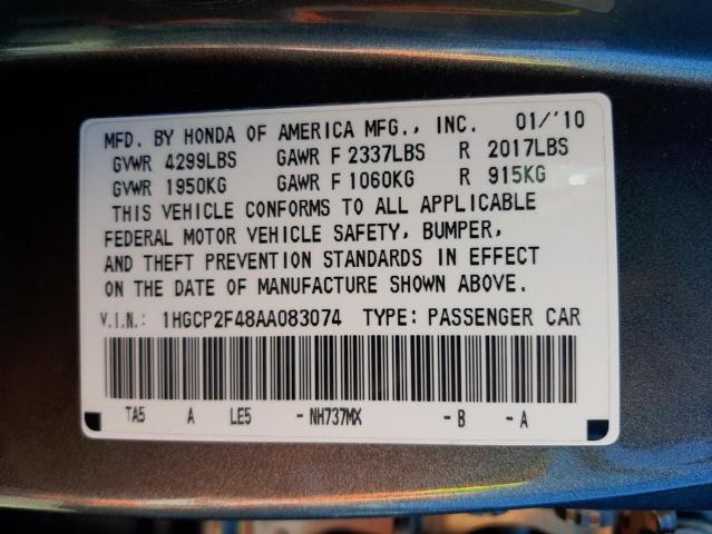 1HGCP2F48AA083074 - 2010 HONDA ACCORD LXP SILVER photo 10