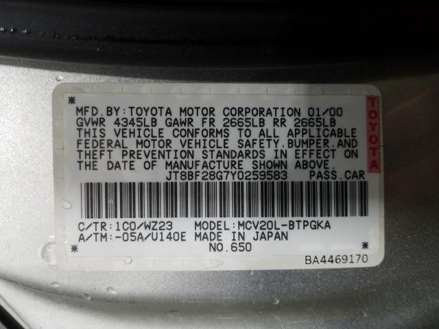 JT8BF28G7Y0259583 - 2000 LEXUS ES 300 SILVER photo 10