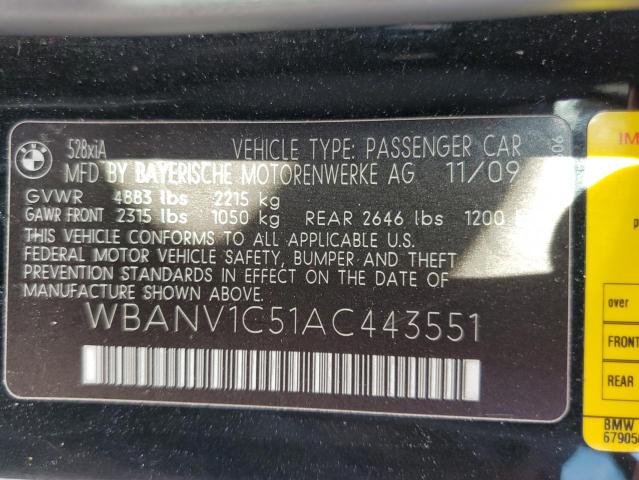 WBANV1C51AC443551 - 2010 BMW 528 XI BLACK photo 10