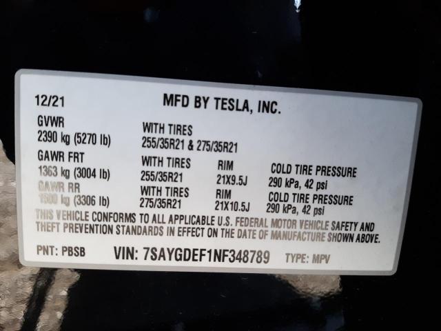 7SAYGDEF1NF348789 - 2022 TESLA MODEL Y Noir photo 10
