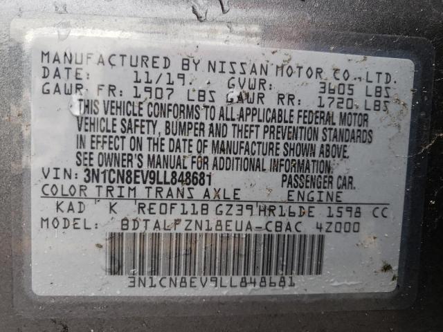 3N1CN8EV9LL848681 - 2020 NISSAN VERSA SV GRAY photo 10