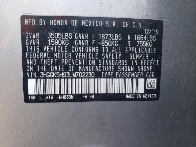 3HGGK5H93LM702230 - 2020 HONDA FIT EXL SILVER photo 10