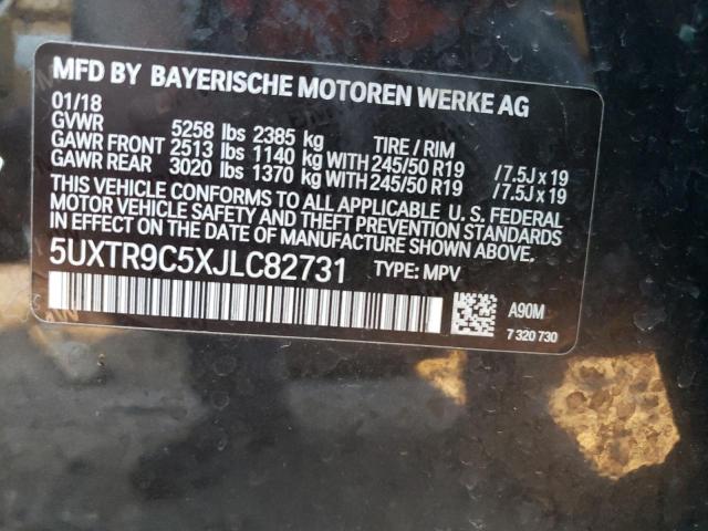 5UXTR9C5XJLC82731 - 2018 BMW X3 XDRIVE3 BLACK photo 10